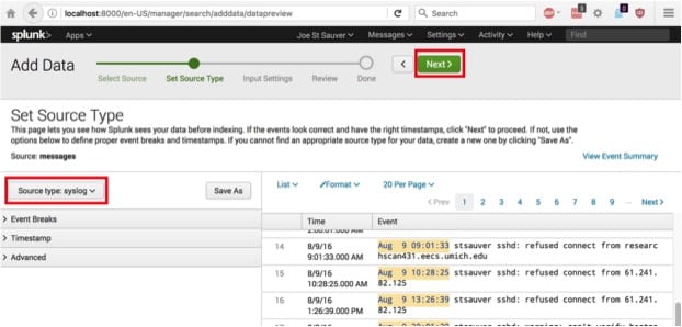 Selecting source of data for Splunk