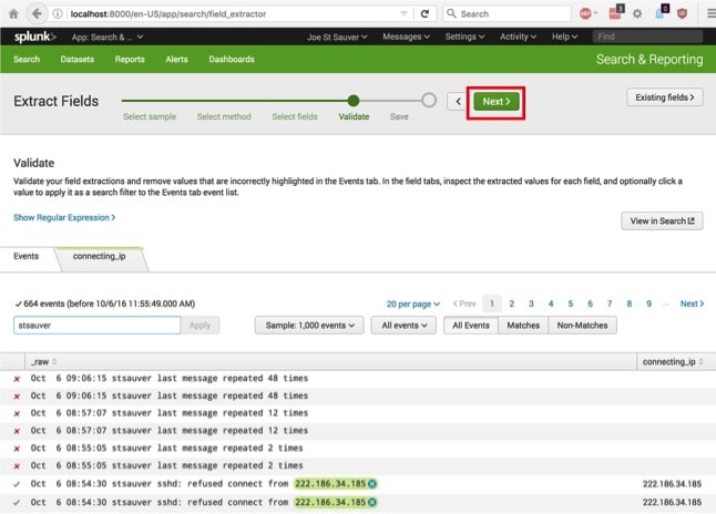 Validating the field extraction results in Splunk