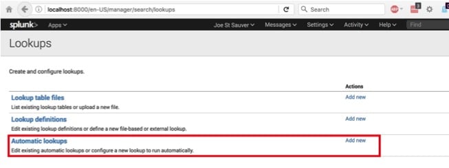 Adding a new automatic lookup in Splunk