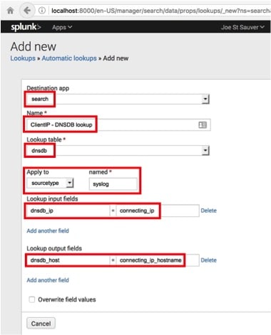 Confirming the new automatic lookup in Splunk