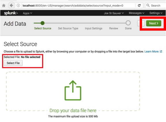 Selecting source of data for Splunk