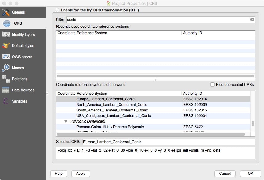 Selecting Europe Lambert Conformal Conic projection in QGIS