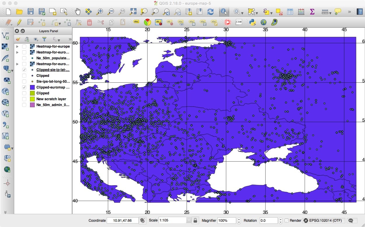 Eastern European map in QGIS with our Geolocated Points and Gridlines