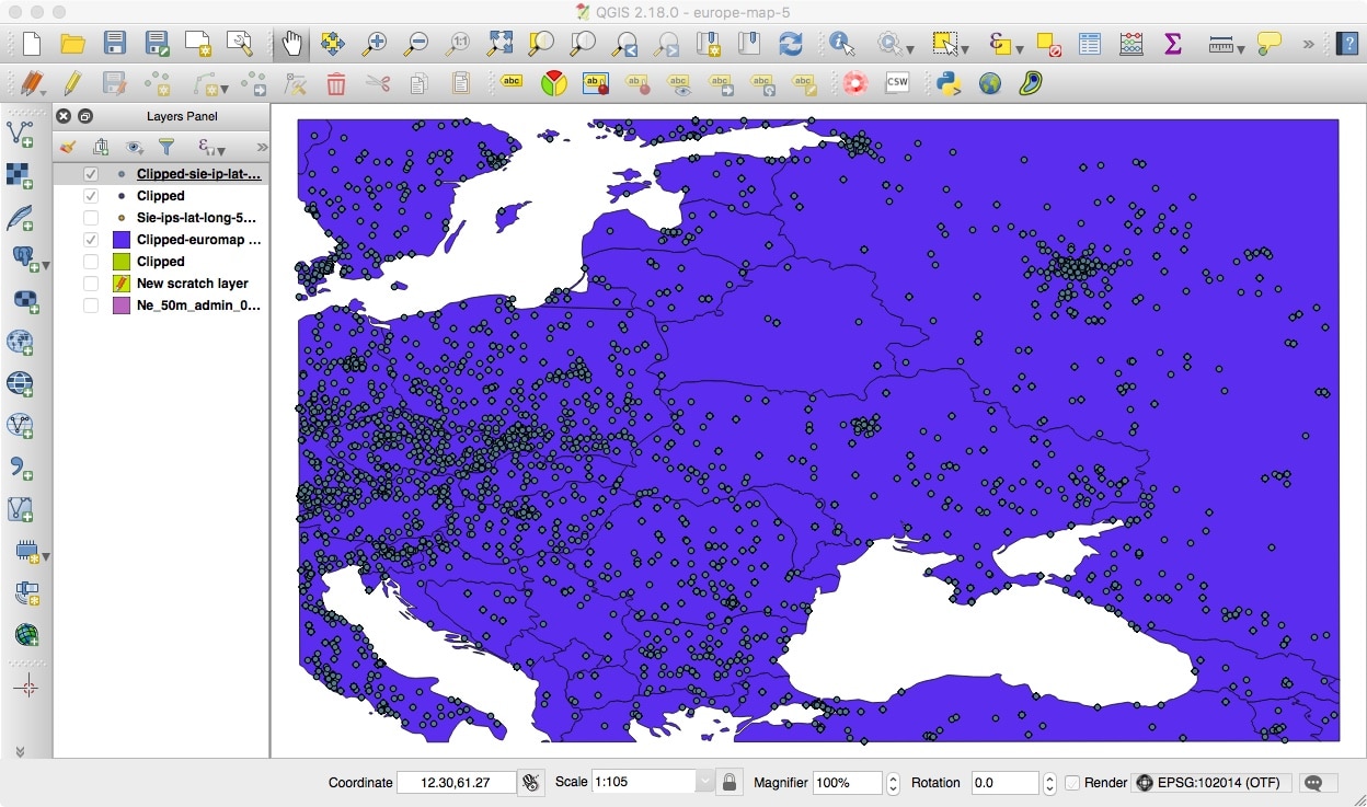 Our Geolocated Points, Clipped To Just Our Region of Interest in QGIS