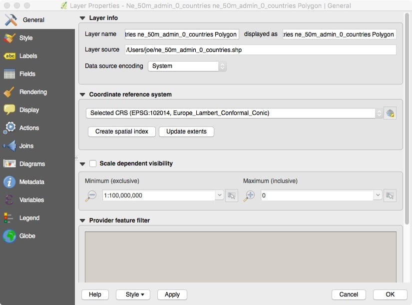 The QGIS Layer Properties Dialog Display (General Tab)