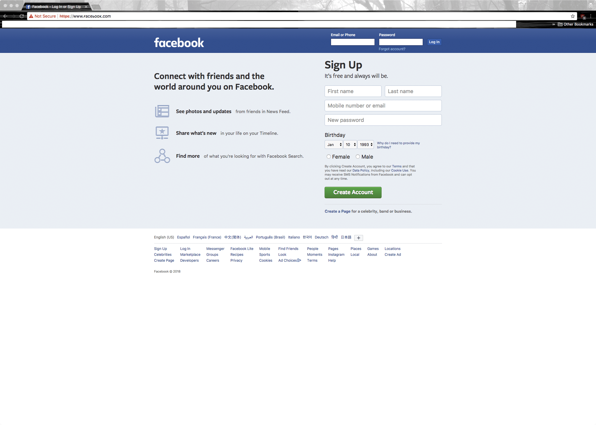 Screenshot of a suspected Facebook phishing website