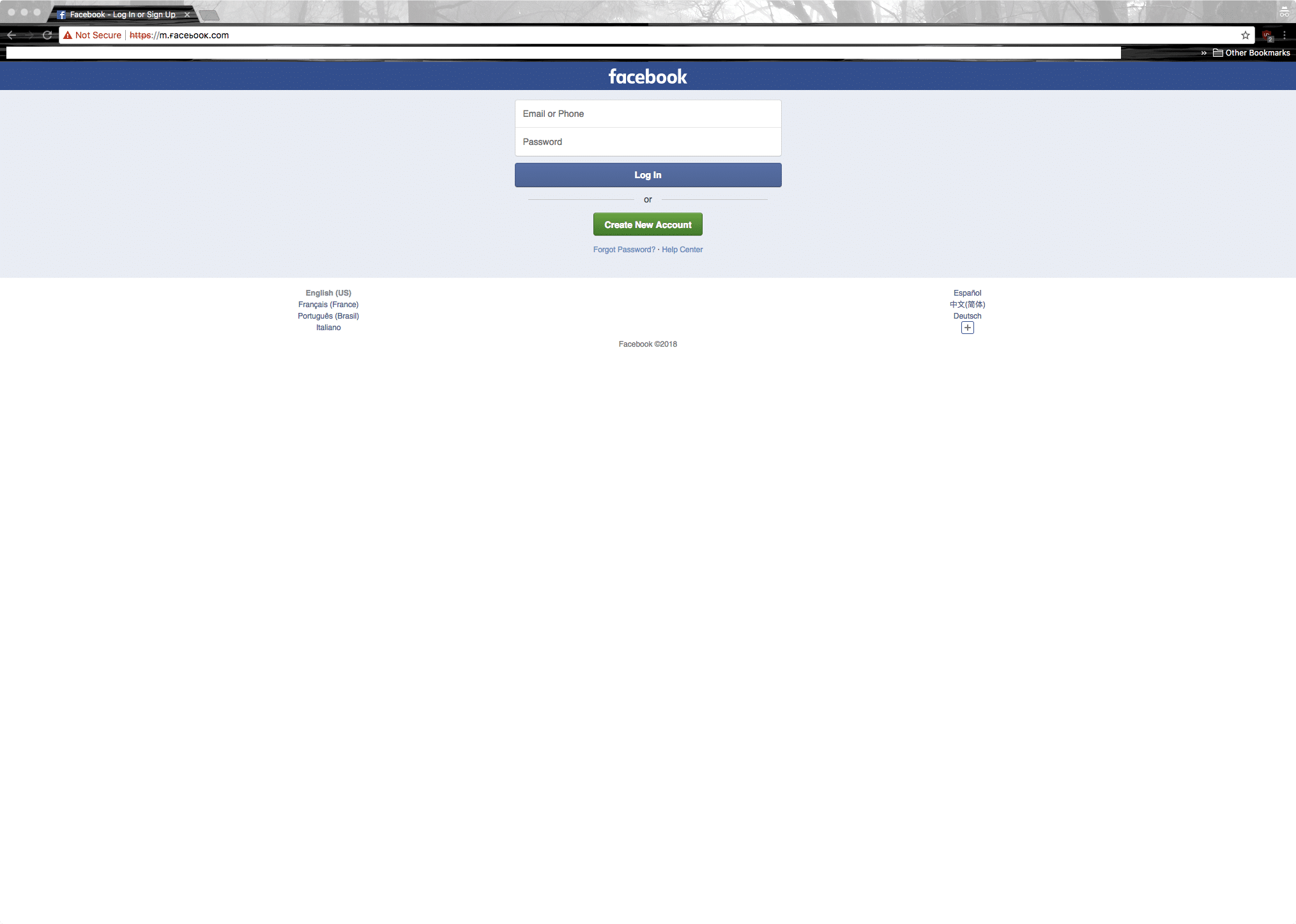 Screenshot of a suspected Facebook mobile phishing website