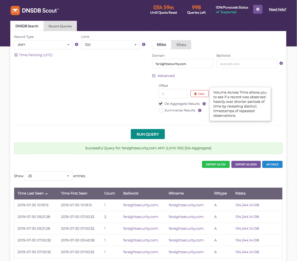 Figure1 DNSDB Scout is one of the many ways you can access the Volume Across Time feature to
