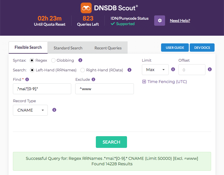 More complex searches like this are now possible. This example search is looking for RRNames that resemble mail server CNAMEs containing numbers and excludes results starting with “www”