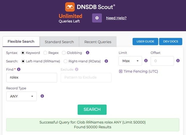 Figure1 DNSDB Scout screenshot showing keyword flexible search
