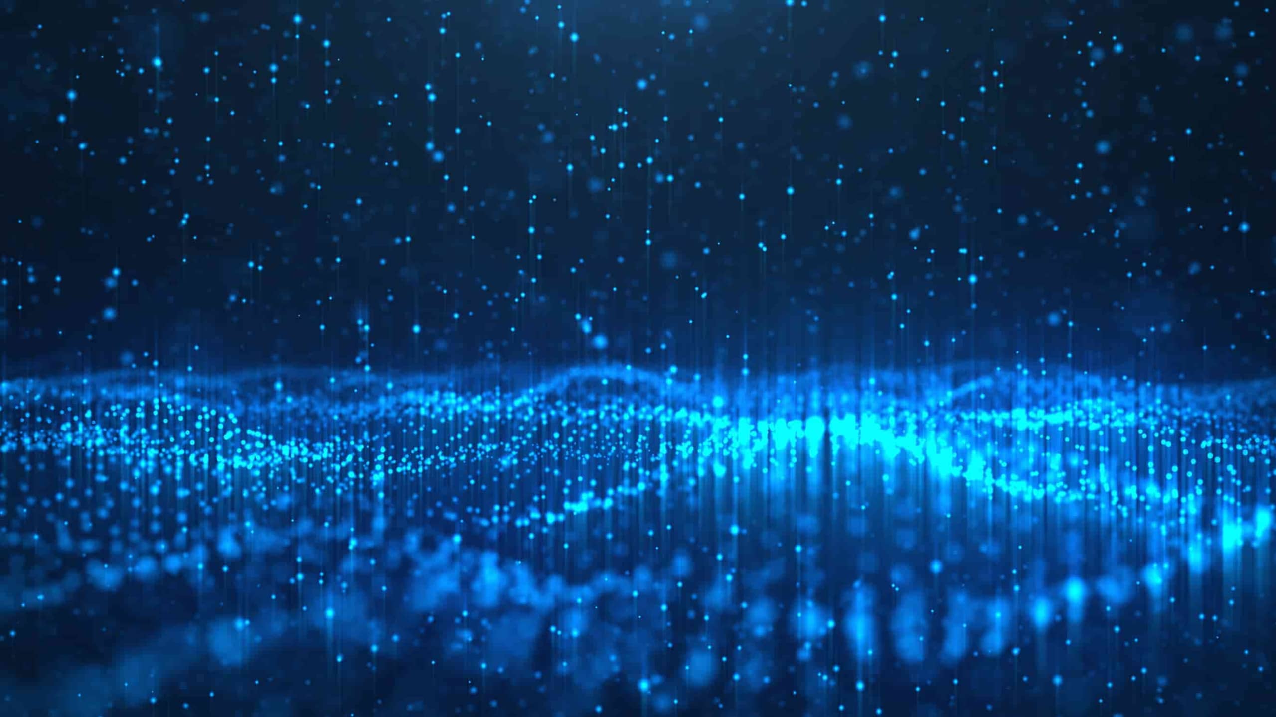 Digital illustration of a blue network grid with numerous glowing dots connected by lines, simulating a high-tech data network with particles raining down.