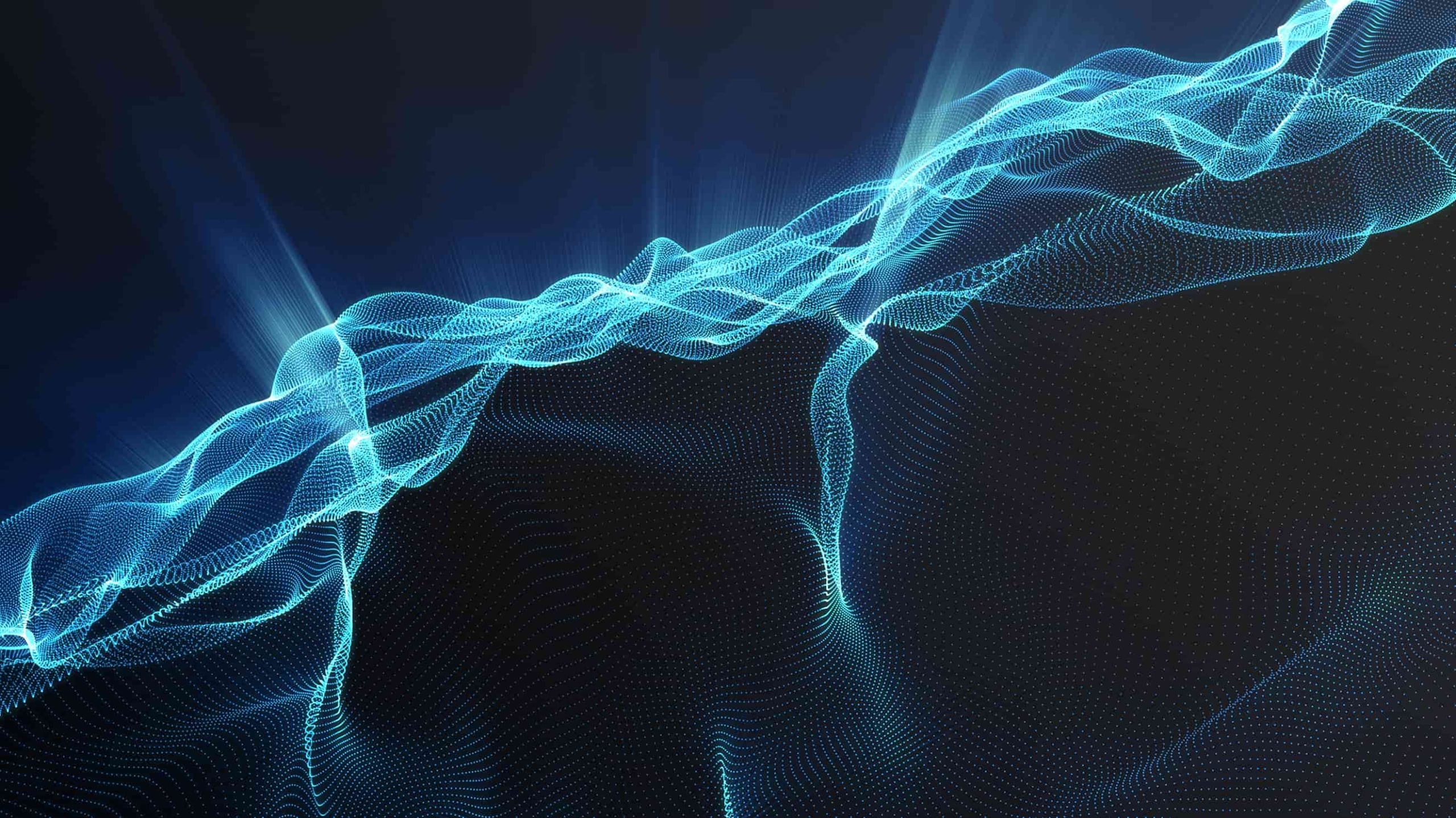 Abstract digital image featuring a glowing blue wave made of particles moving over a dark grid background, representing motion and data flow in cyberspace.