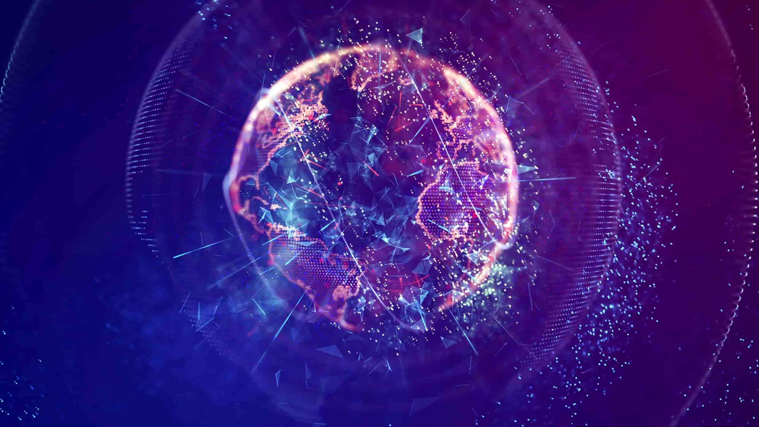 A digital illustration of a glowing, interconnected network encompassing a stylized, futuristic earth against a dark blue background with shining particles and light rays.