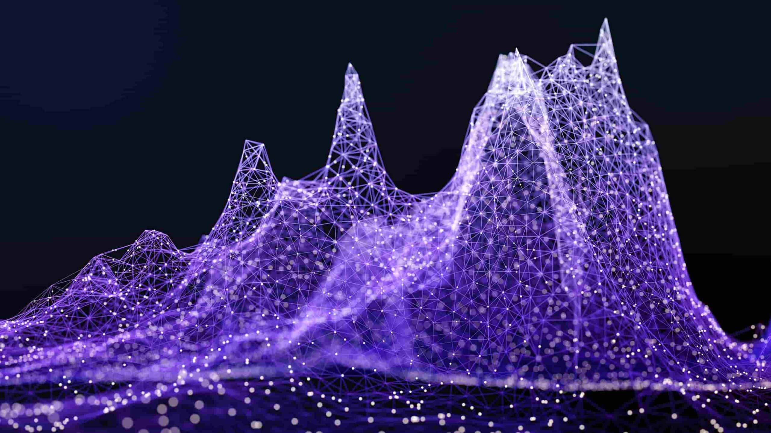 Digital illustration of a 3d landscape made up of glowing purple wireframe mountains against a dark background, resembling a computer-generated topographic map.