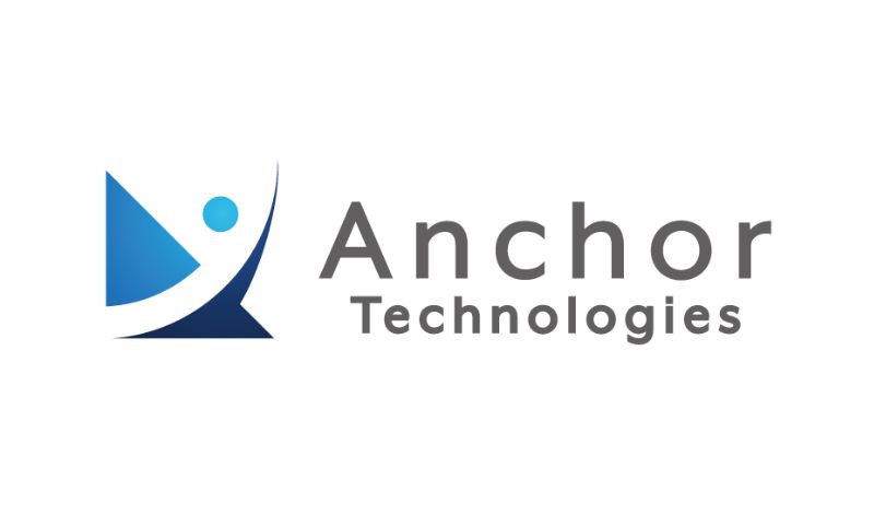 Logo of anchor technologies featuring a stylized blue and white icon resembling an anchor combined with a human figure, next to the company name in grey font.