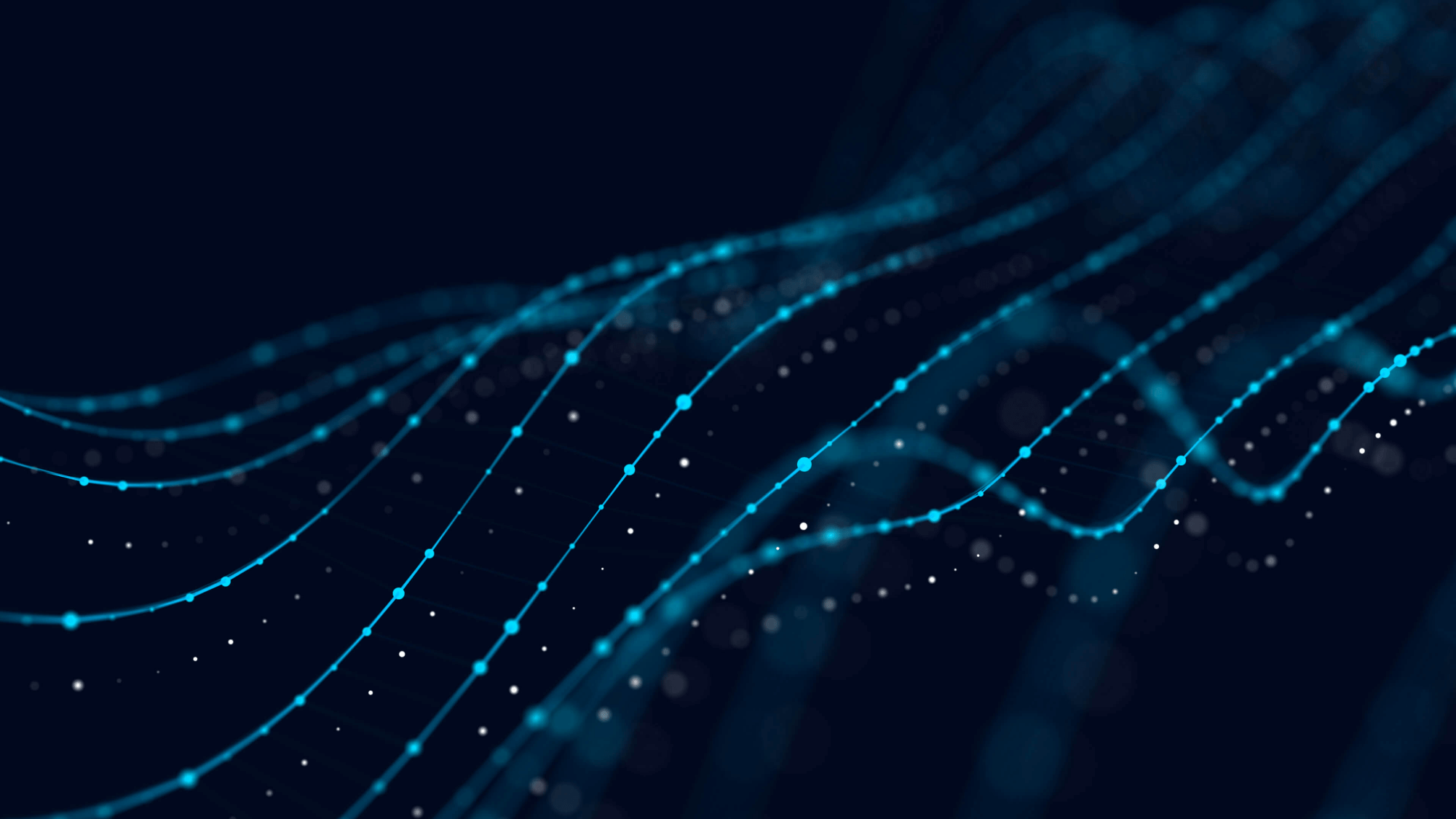 Abstract image of flowing lines composed of blue dots connected by thin lines on a dark blue background, representing an introduction to IPFS or technological concept.