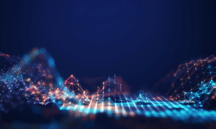 Abstract digital landscape with glowing, interconnected nodes and lines that form peaks and valleys, set against a dark blue background with bokeh effects.