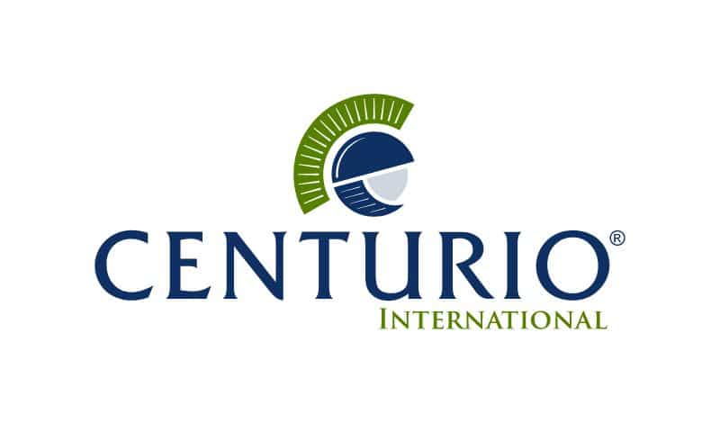 Logo of centurio international featuring a stylized half-circle emblem with green segments above the blue and navy text "centurio international" with a registered trademark symbol.