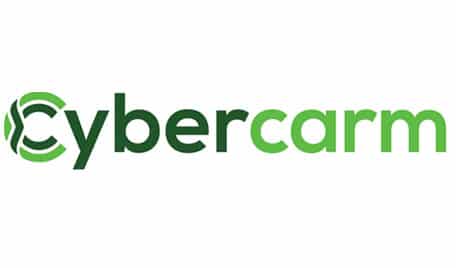 The logo of "cybercarm" featuring stylized green and gray text with a circular green and white emblem next to the word.