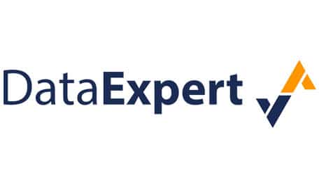 Logo of dataexpert featuring stylized text in blue with the letter 't' extending into an orange arrow pointing upwards, and a blue checkmark design integrated within the 'x'.
