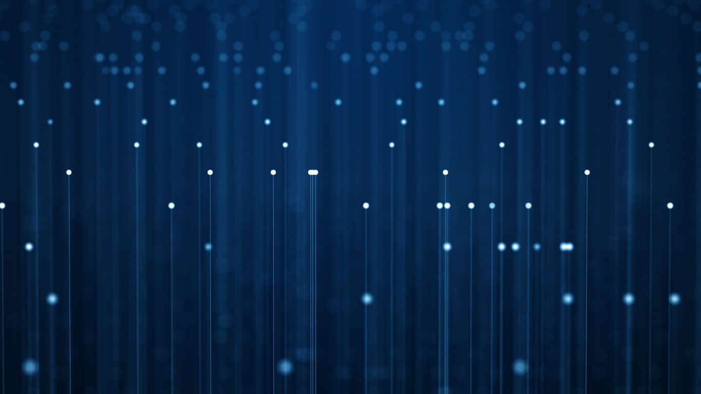 Abstract digital background with vertical lines and dots in shades of blue, representing data flow or network connections.