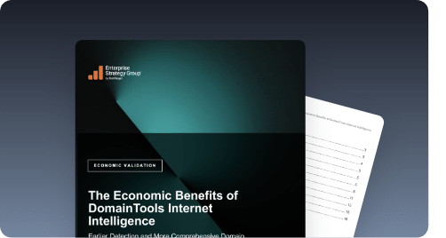An image showing the cover of a report titled "the economic benefits of domaintools for critical infrastructure and energy security" with a dark abstract background and a sheet of paper beside it.