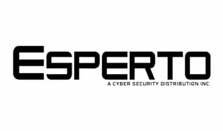 Logo of "esperto," a cyber security distribution company, featuring bold uppercase letters with the tagline "a cyber security distribution inc." below the main text.
