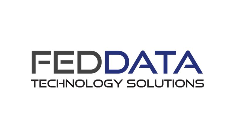 Logo of feddata technology solutions, featuring the name "feddata" in bold, dark blue letters above the phrase "technology solutions" in smaller grey font.