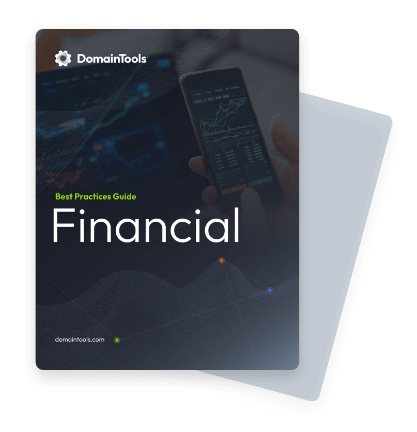 A graphic of a brochure titled "financial services security" from domaintools, featuring an image of a hand holding a smartphone displaying financial graphs, overlaid with a digital network design.