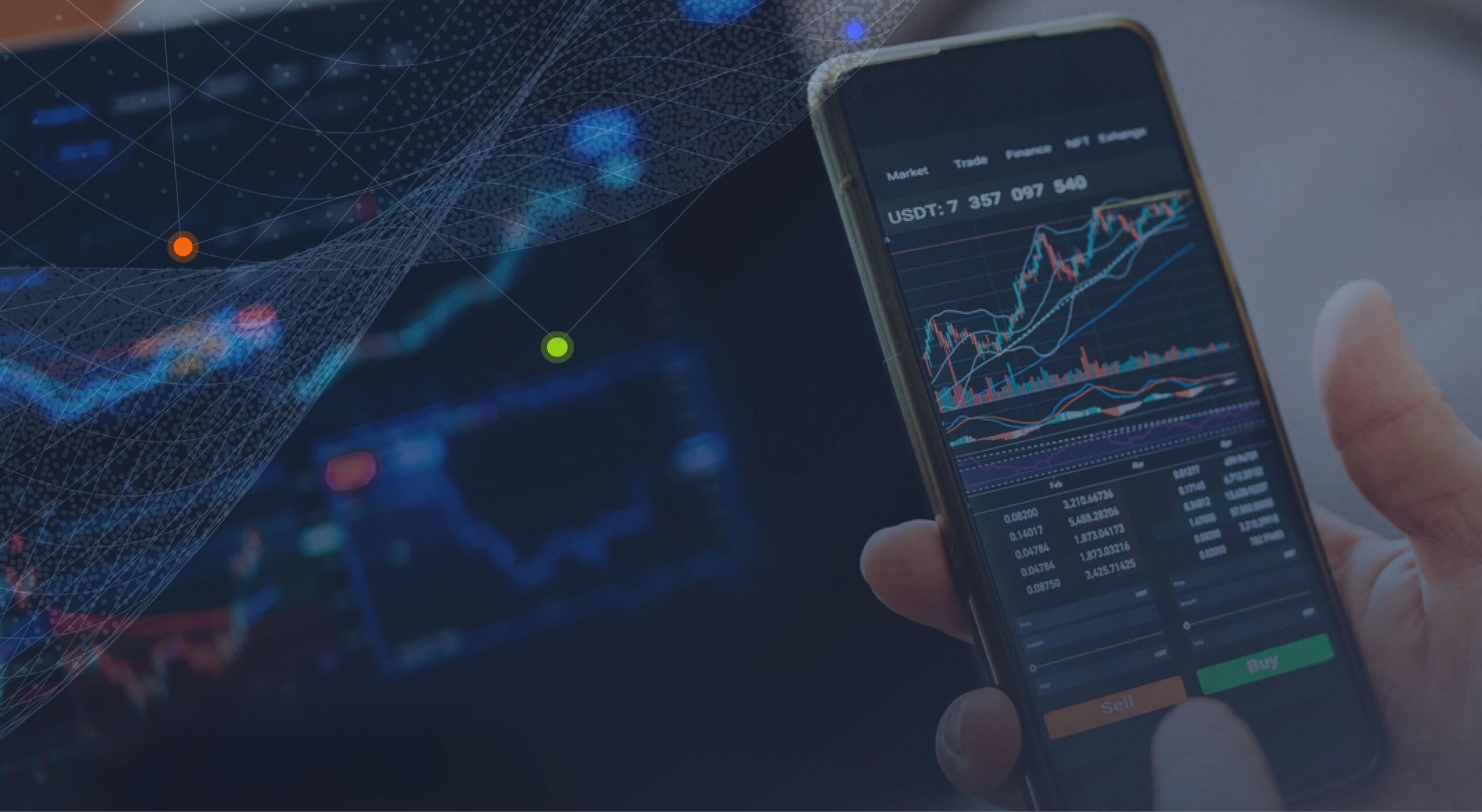 Hand holding a smartphone displaying stock market charts, overlaid with digital graphics of network connections and data points, indicating advanced technology in finance.