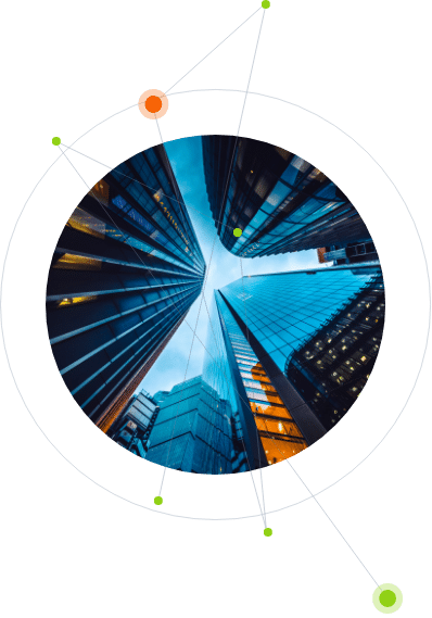 A vertical, upward view of towering skyscrapers converging into a point under a clear blue sky, framed within an abstract circular design with orange and green dots, symbolizing the robust security in financial