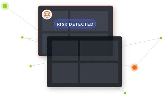 Digital security interface for financial services showing a "risk detected" alert on a screen surrounded by interconnected nodes and lines, illustrating a network monitoring concept.