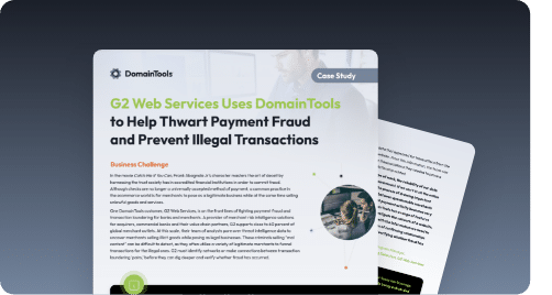 An image of an open laptop displaying a case study on the screen titled "g2 web services uses Domaintools for financial services security to help thwart payment fraud and prevent illegal transactions," set against a