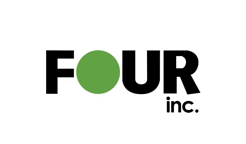 The logo of four inc., featuring the word "four" in black with the letter "o" replaced by a green circle, followed by "inc." in smaller text below.