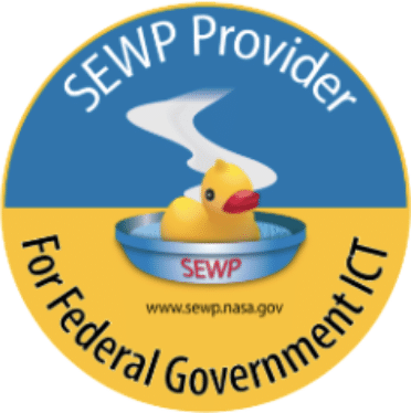 Circular logo with a yellow rubber duck in a bowl of water, labeled "cybersecurity provider for federal government ICT" and a website "www.sewp.nasa.gov" on a blue and