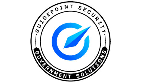 Logo of guidepoint security featuring a stylized letter "g" in blue and white in a circle, surrounded by the text "guidepoint security government solutions" in black.