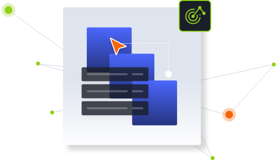 Illustration of a document with layered blue blocks, representing healthcare data, and an orange arrow indicating movement or transition. Abstract circles and a cycle symbol are connected by lines to the document.