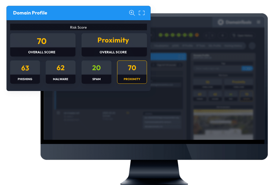 Profile window showing overall risk score of 70 floating in front of computer