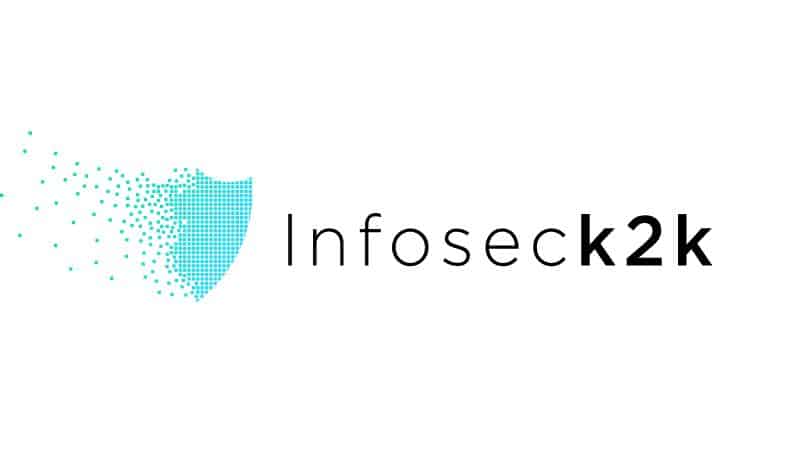 Logo of "infosec2k" featuring a teal pixelated shield design on the left, transitioning into clear text on a white background.