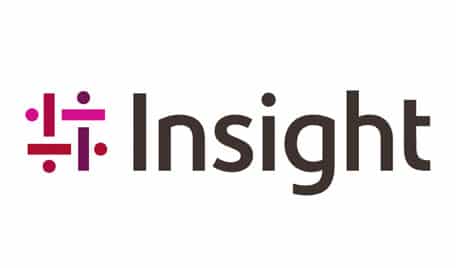 Logo of "insight" featuring stylized text in grey with pink and purple dot designs forming part of the letter "i".