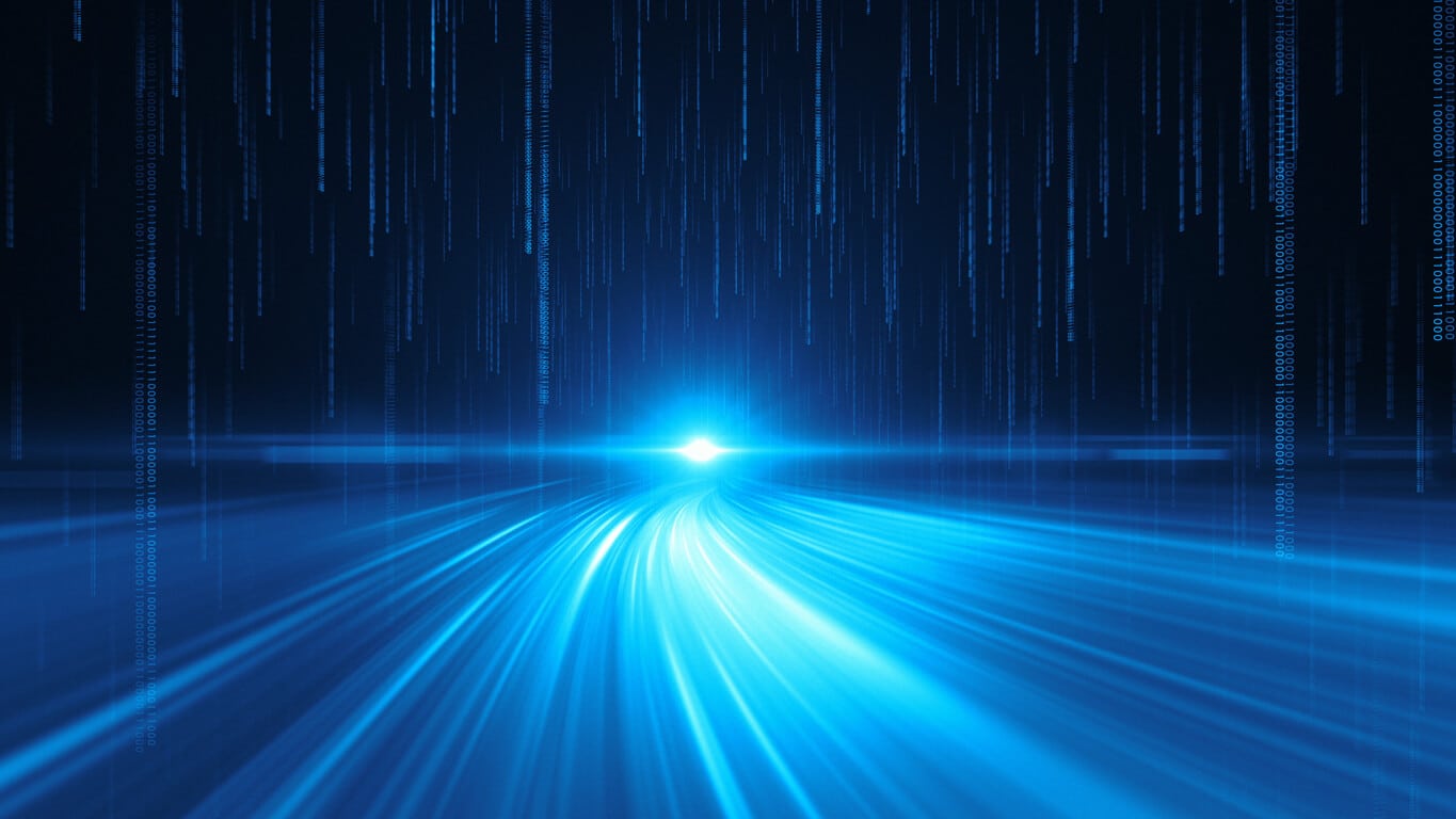 A digital concept image featuring a bright blue light at the center with rays spreading outwards, overlaid with vertical streams of white binary code on a dark blue background.