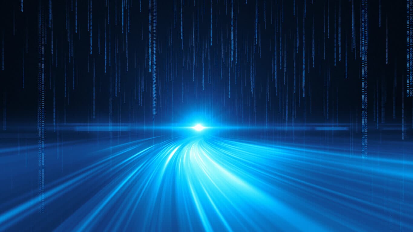 A digital illustration of a bright blue light source emitting waves and beams, surrounded by vertical lines of binary code against a dark blue background, creating a futuristic ambiance.