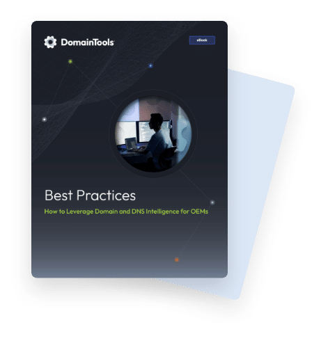 An e-book cover titled "best practices: how to leverage domain and dns intelligence for oems" featuring an image of a person working at a computer desk.