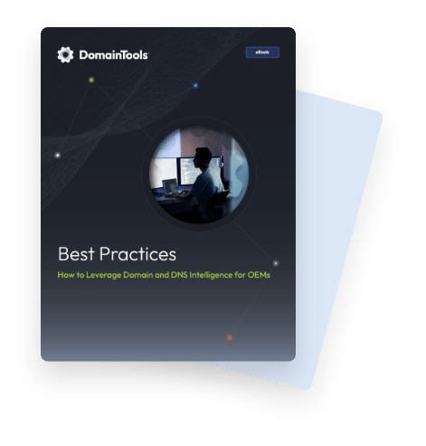 An e-book cover titled "best practices: how to leverage domain and dns intelligence for oems" featuring an image of a person working at a computer desk.