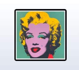 Pop art portrait of a blonde woman with bold yellow hair, bright green eyeshadow, and red lips on a black-bordered canvas. the style is reminiscent of andy warhol’s famous prints.