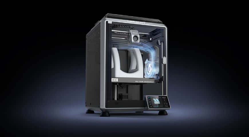 A high-tech 3d printer on a dark background, featuring a translucent display with a partially constructed white 3d model inside, and an integrated touchscreen interface.