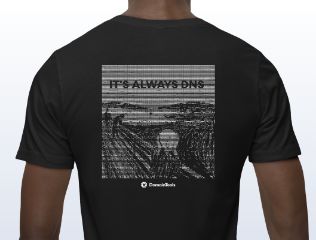A person from the back wearing a black t-shirt with a grayscale cityscape design and the text "it's always on" above the phrase "@ commedesgarçons.