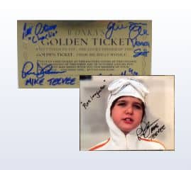 Two autographed items: a "golden ticket" from the willy wonka movie signed by several actors, and a photo of a child actor in a costume, also signed.