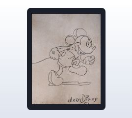 A sketch of mickey mouse running, displayed within a digital frame, signed at the bottom by "walt disney." the background is a textured off-white paper.