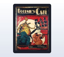 Vintage poster of "doomnik's cafe" featuring an illustration of max rebo band from star wars, consisting of blue-skinned and other alien creatures playing musical instruments.
